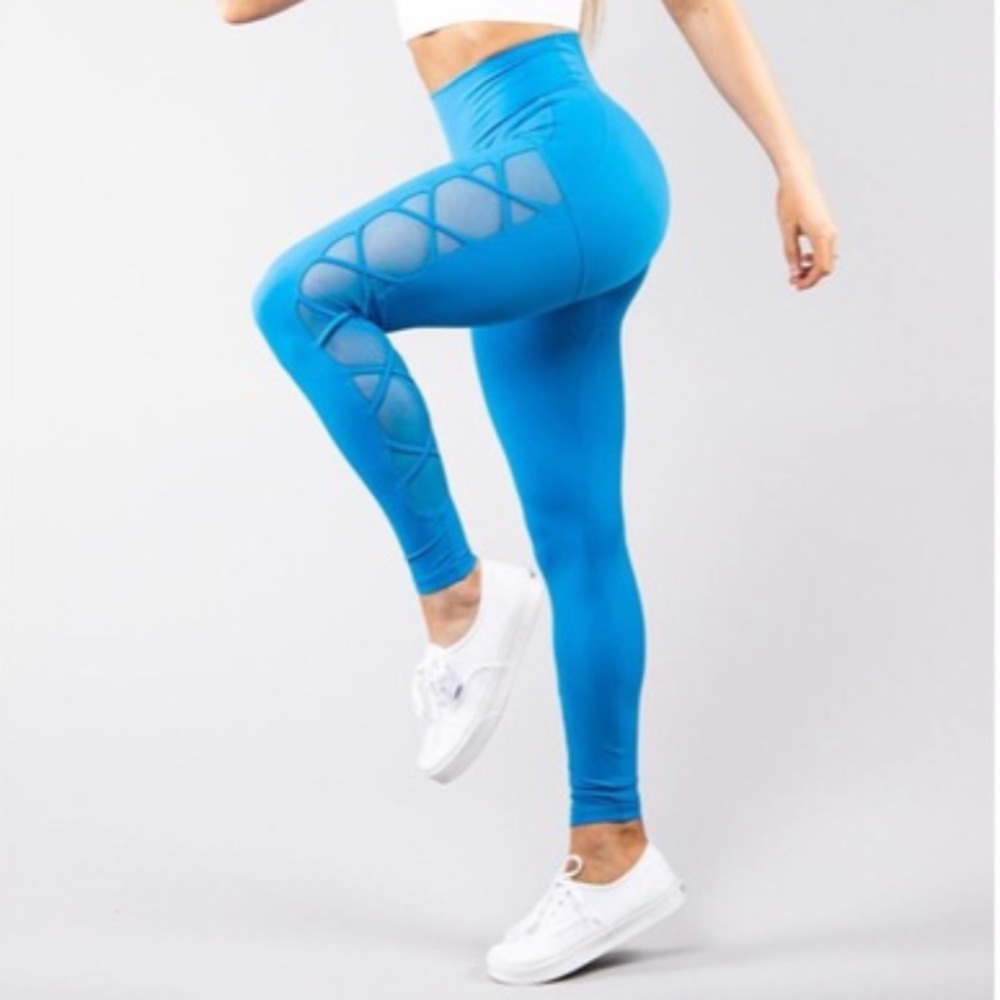 Buff Bunny Blue Criss Cross Mesh Workout Legging